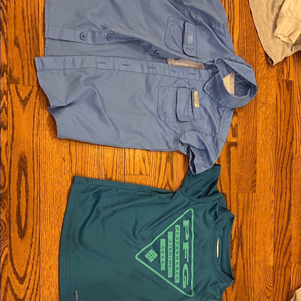 Fishing Shirts: Blue Button-Up Shirt and PFG Teal Graphic Tee